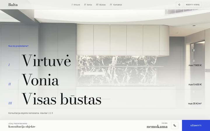 BALTA – interjero studijos interaktyvus filmas: virtuvė, vonia ar visas būstas
