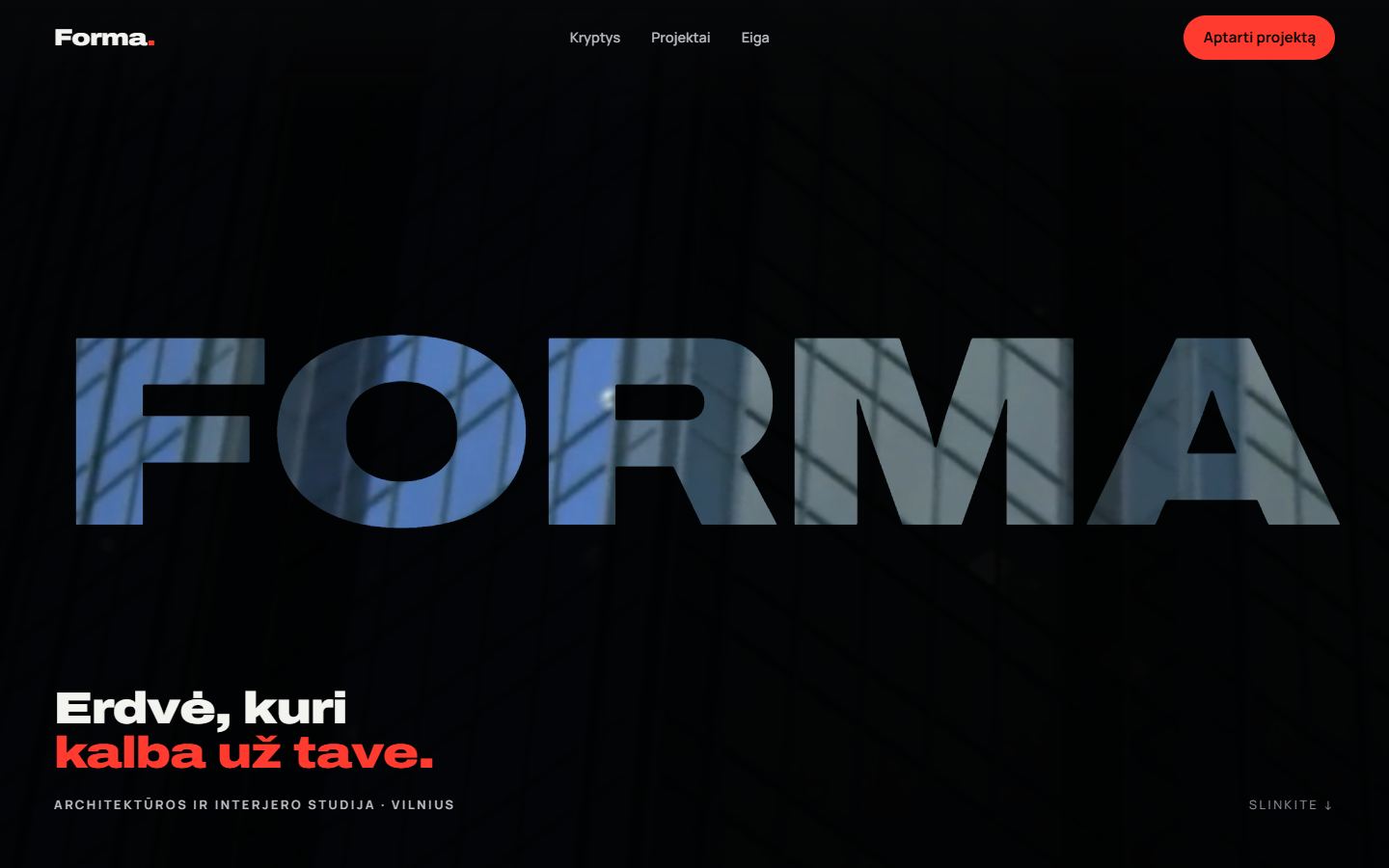 Forma – interjero studijos svetainė su užrašu FORMA