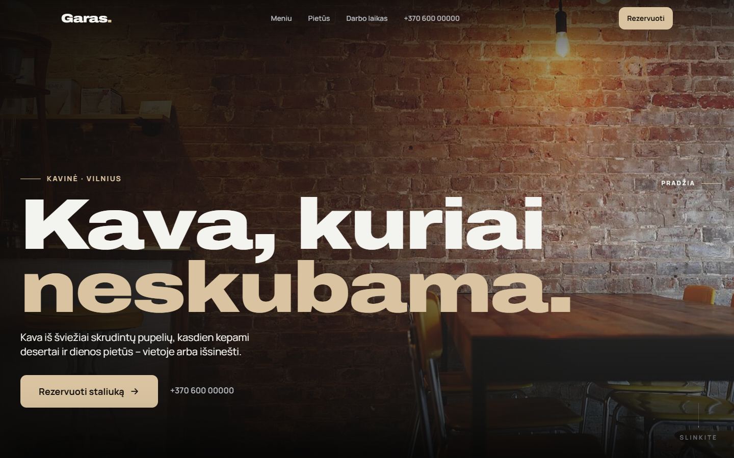 Garas – kavinės svetainės pradžios ekranas