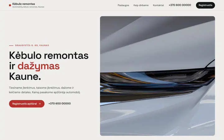 Sample website for a car bodywork and paint shop in Kaunas, on a laptop