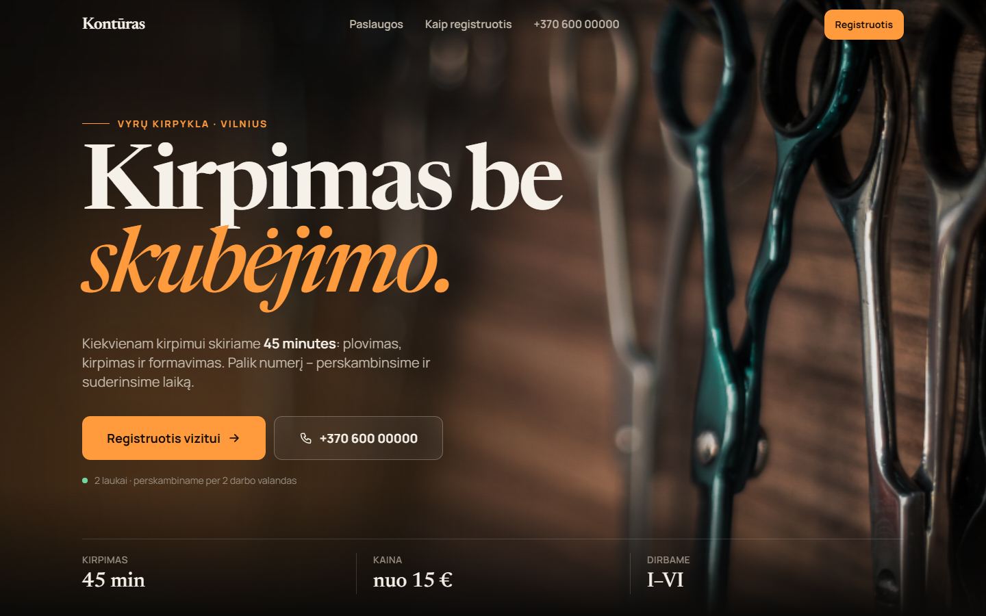 Kontūras – vyrų kirpyklos svetainės pradžios ekranas