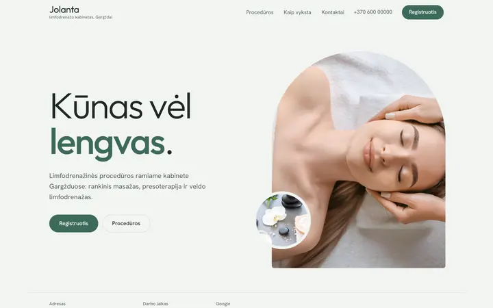 Sample website for a lymphatic drainage clinic in Gargždai, on a laptop