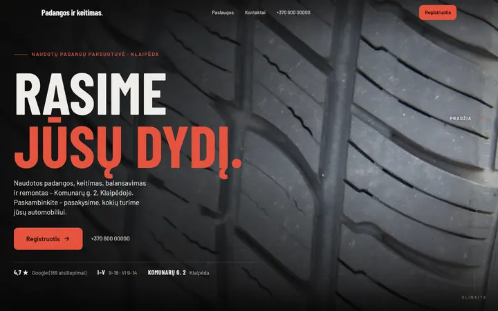 Sample website for a part-worn tyre shop in Klaipėda, on a laptop