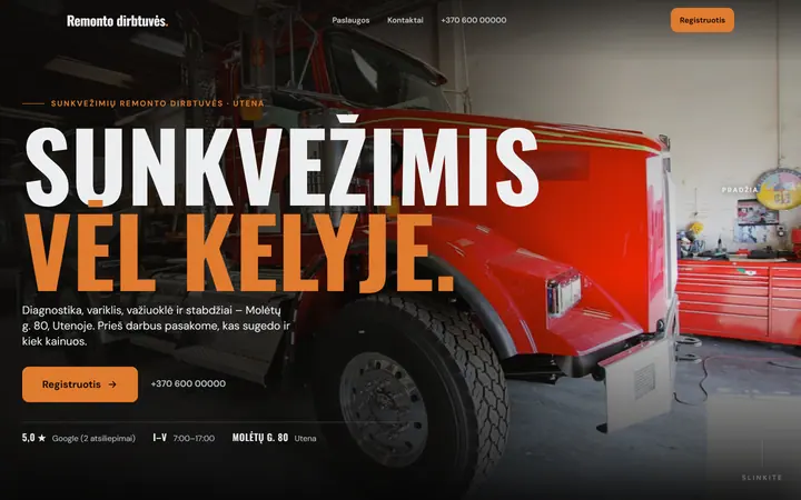 Sample website for a lorry repair workshop in Utena, on a laptop