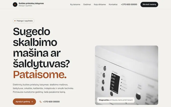 Sample website for an appliance repair service in Palanga, on a laptop
