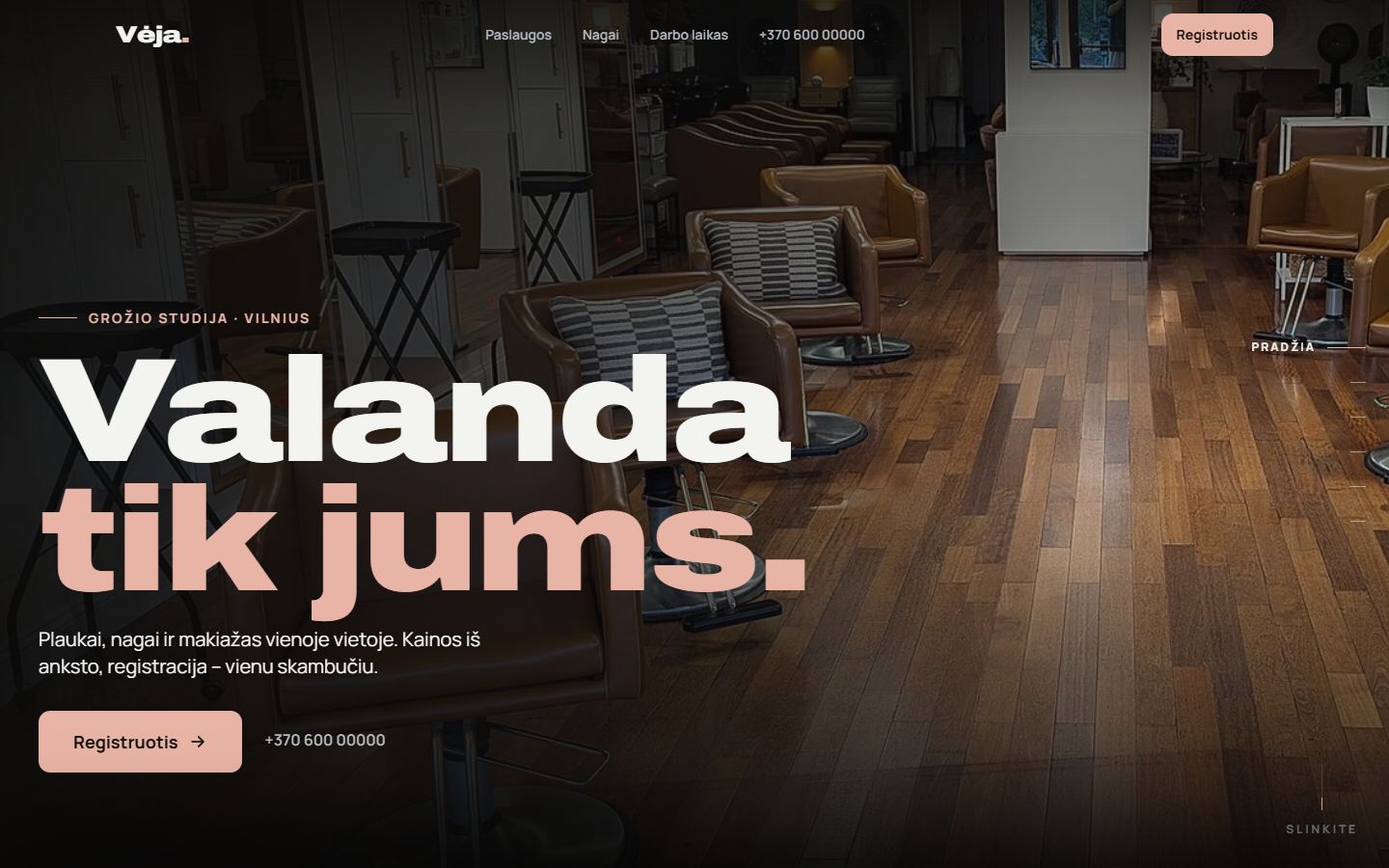 Vėja – grožio studijos svetainės pradžios ekranas